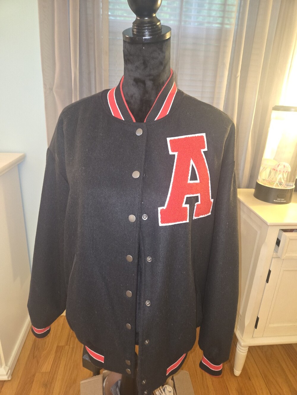 Roomy Oversized RSQ Black Varsity Jacket with Red 'A' Applique
